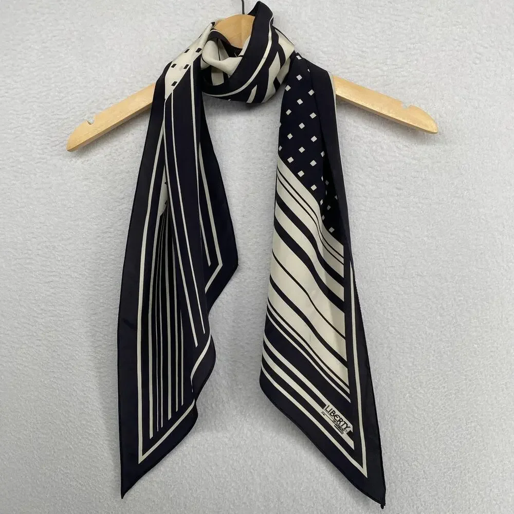 LIBERTY OF LONDON Scarf Silk Crepe de Chine Geometric Black France VTG
